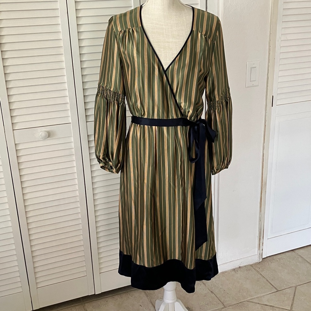 BCBGMaxAzria Olive and Navy Striped Wrap Midi Dress NWT